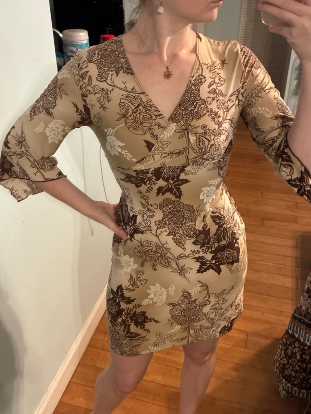 Rag Beige Floral Wrap-Style Midi Dress